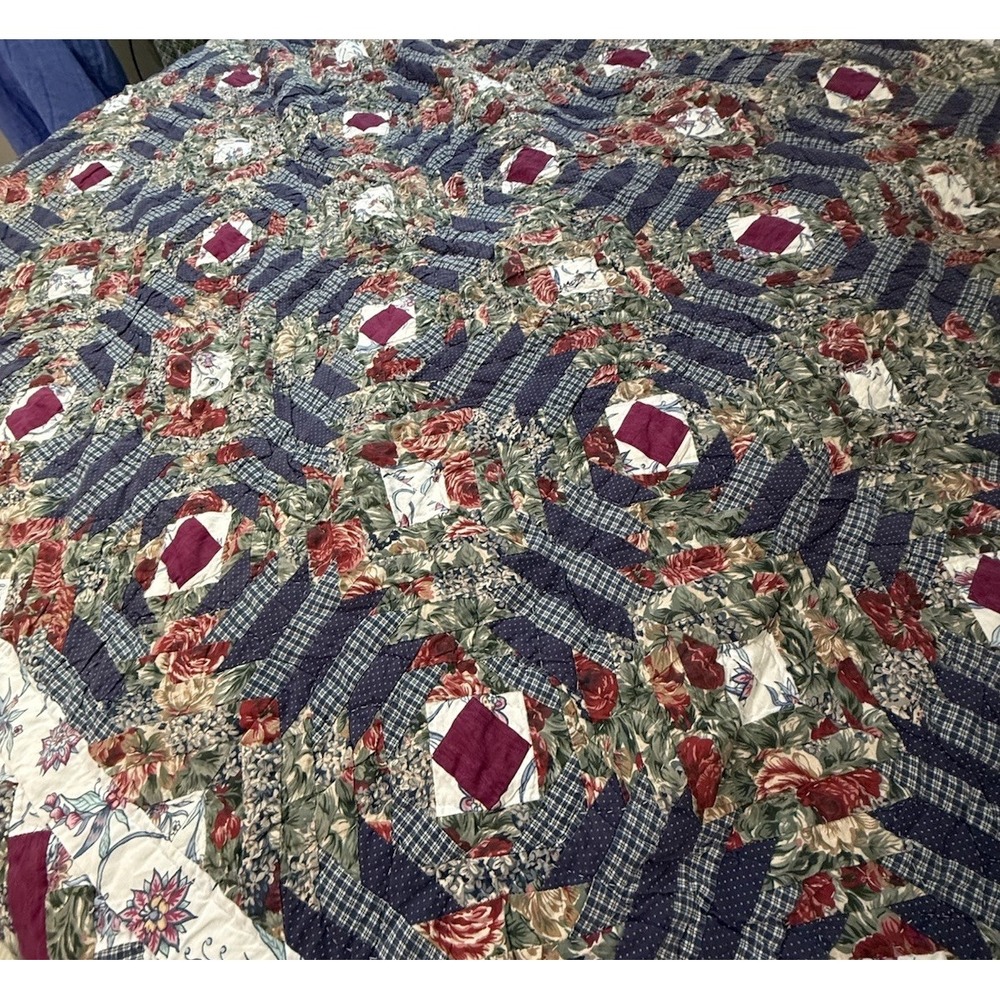 Vintage Handmade Log Cabin Patchwork Quilt Floral Plaid Full Twin Fall Colors